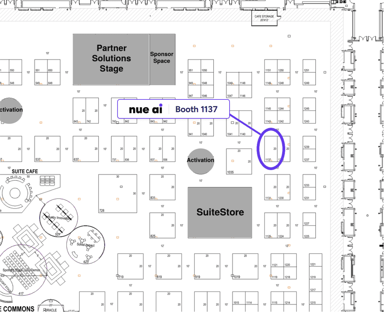 SuiteWorld 2026 expo floor plan with Nue AI at Booth 1137 circled, right of the SuiteStore and below the Partner Solutions Stage.
